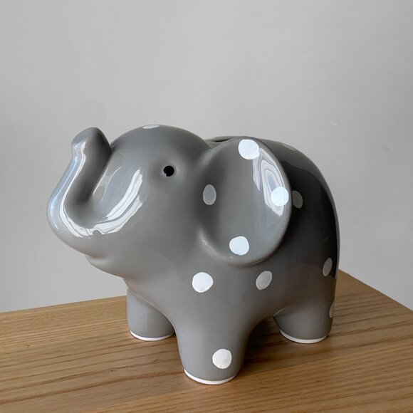 Polka Dot Elephant Bank Ceramic Children's Piggy Bank Grey Baby Shower Nursery - Picture 1 of 2